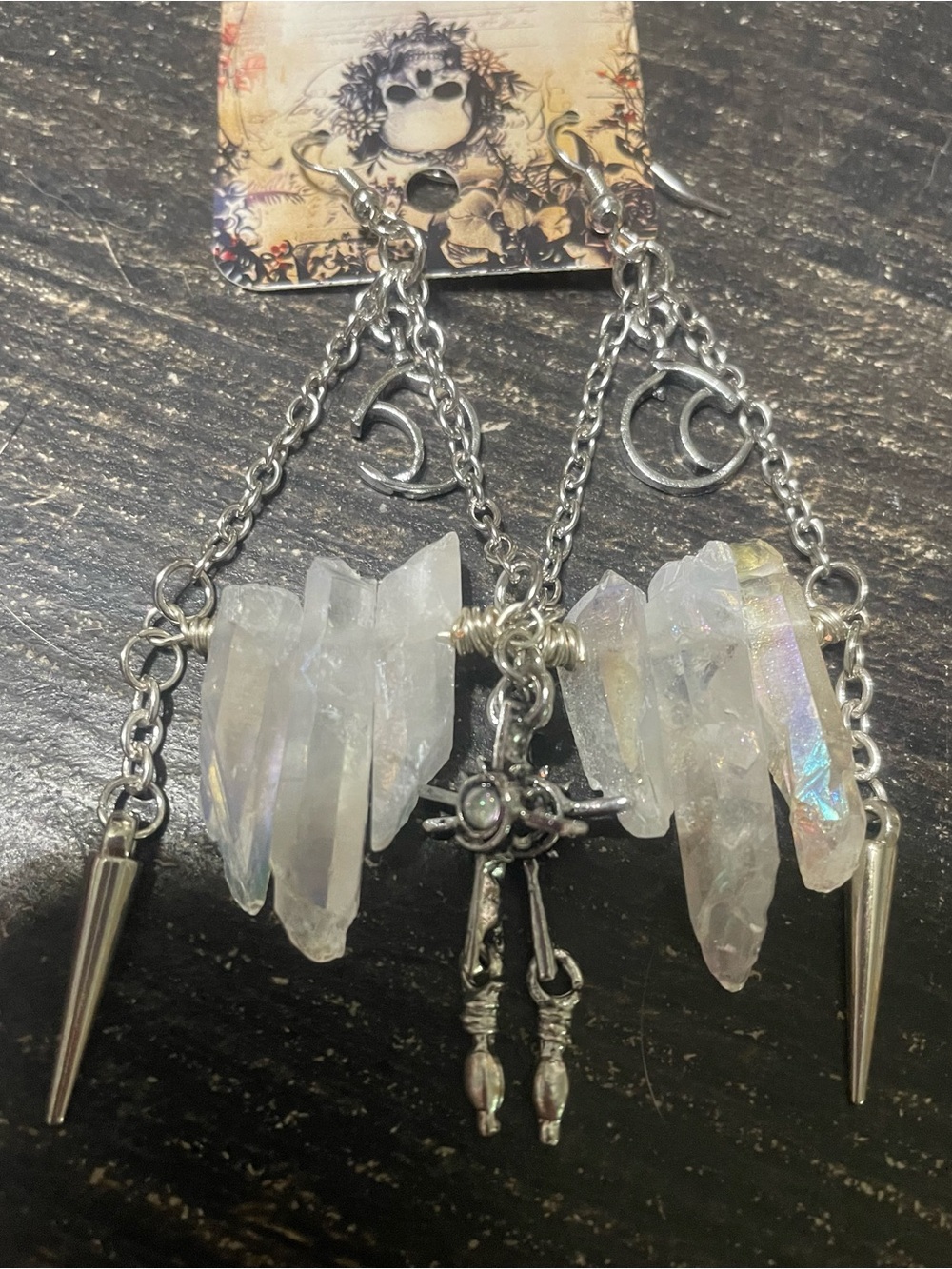 Rough Crystal Quartz Dangle Earrings with Crescent Moon Accent - Silver Tone - Picture 5 of 6